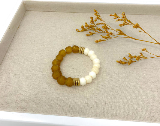 Brown Recycled Glass Krobo Beads & Mala Bone Bead Bracelet